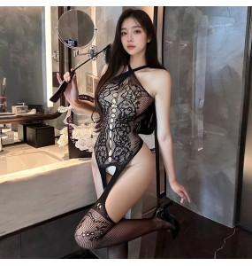 FEE ET MOI - Sexy Western-Style Hollow Jacquard Bodystocking (Black)